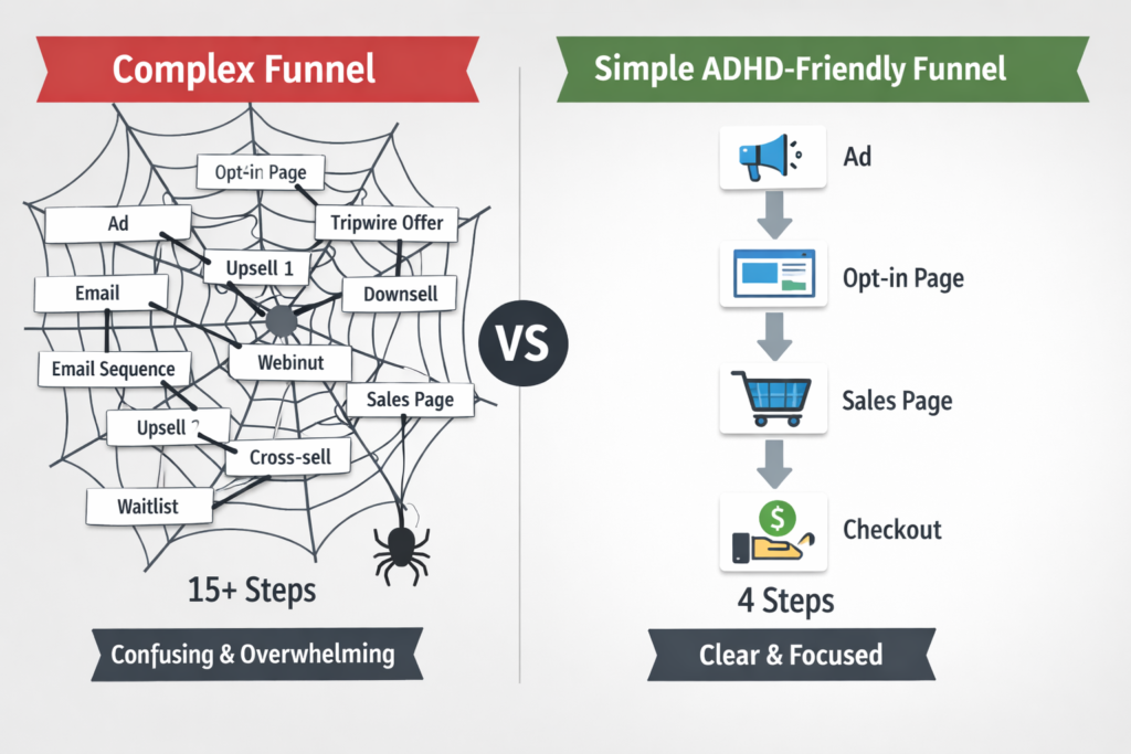 Diagram comparing complex funnel (spider web with 15+ steps) vs simple ADHD-friendly funnel (clean 4-step path)