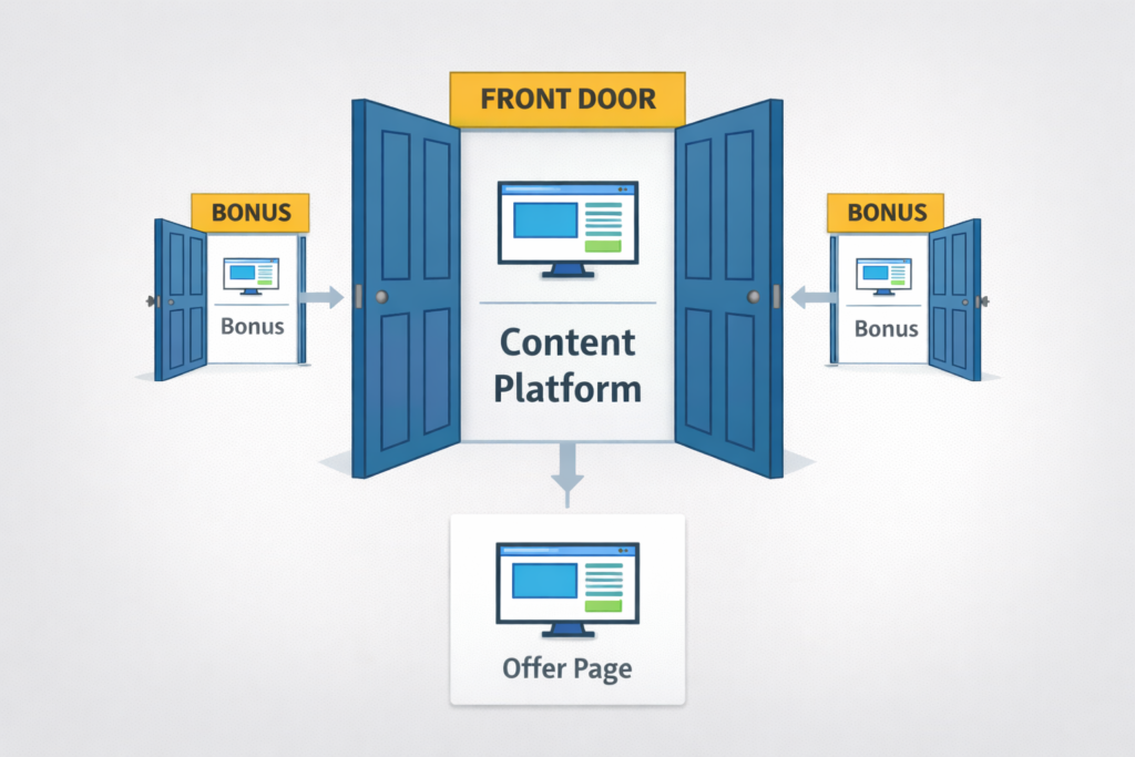 Visual showing one main "front door" (content platform) with smaller side doors labeled "bonus"