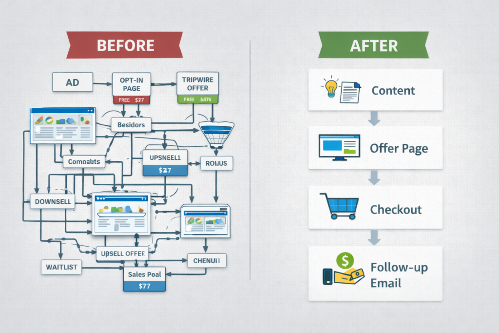 Before/after comparison - chaotic funnel diagram with arrows everywhere vs clean 4-step path