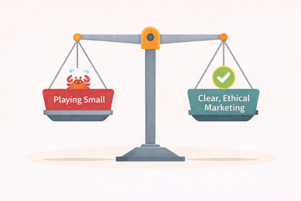 Scale showing "Playing Small" vs "Clear, Ethical Marketing" - balanced in the middle